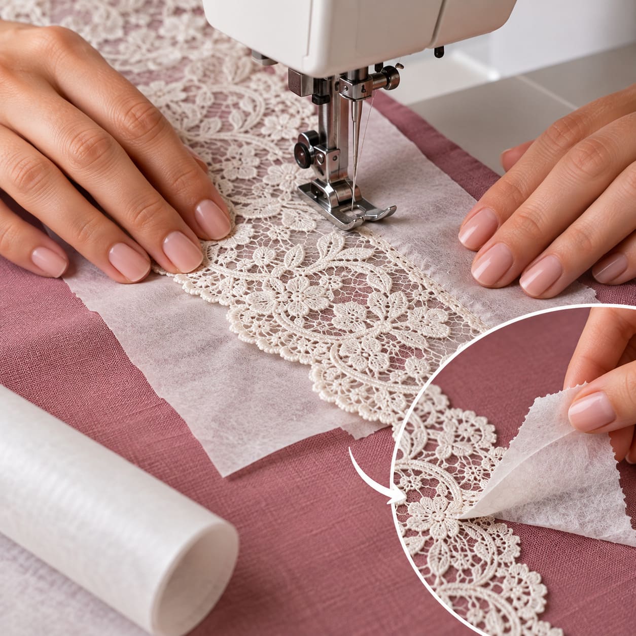 Close-up of a woman wearing an ivory lace blouse with floral embroidery and sheer sleeves